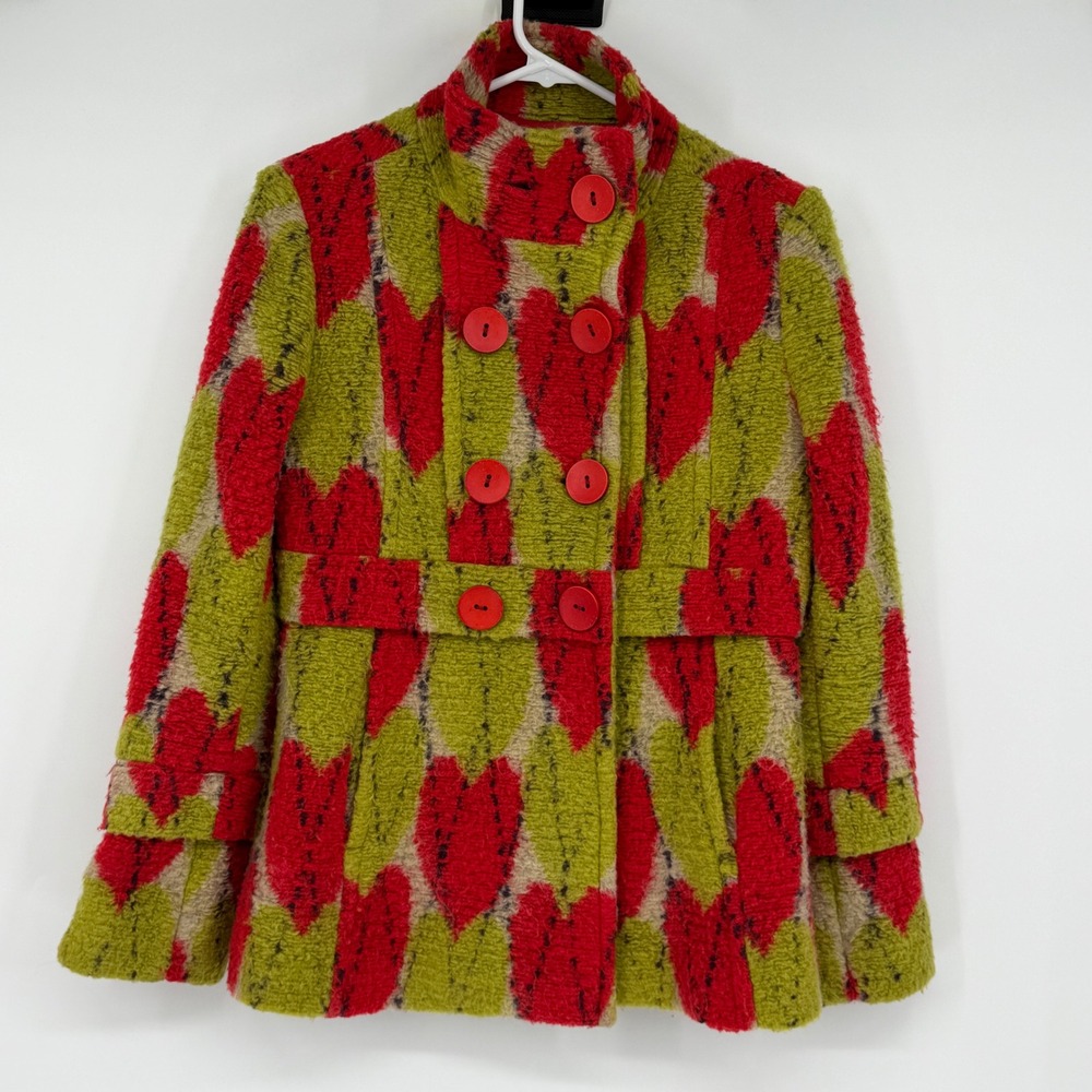AVIN Boutique Wool Blend Coat M Red Green Floral Textured Peplum Jacket Retro